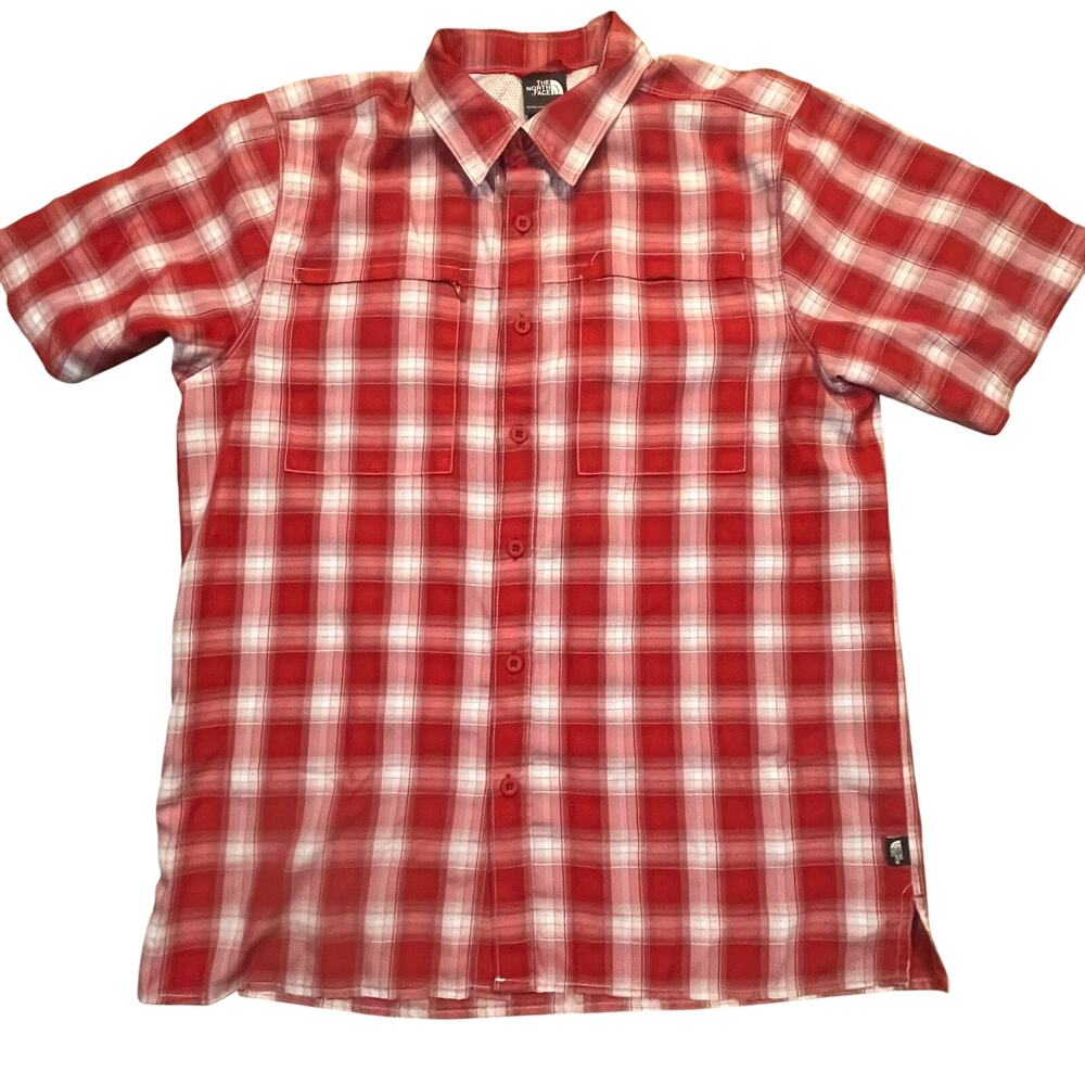 The North Face Mens M Red Plaid Button Shirt Hiking Trail Outdoor Sleeve Shirt‎